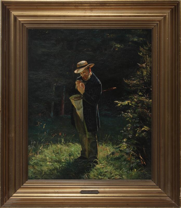 Artwork by Ida Schiøttz Jensen, A man catching butterflies in the forest, Made of Oil on canvas