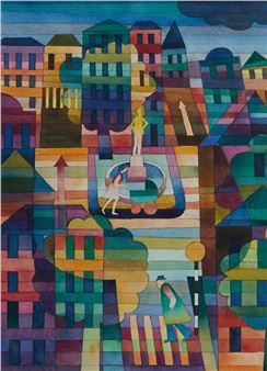 A colorful geometric cityscape featuring stylized buildings, a statue, and figures in a vibrant urban scene.
