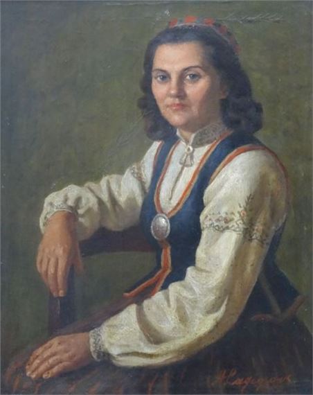 Women portrait in national costume by Aleksandrs Lagimovs, 1952