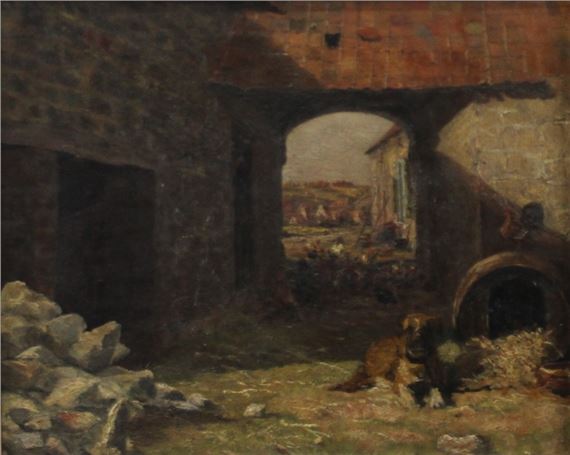 George Thomas Rope | - Farmyard with guard dog and chickens | MutualArt