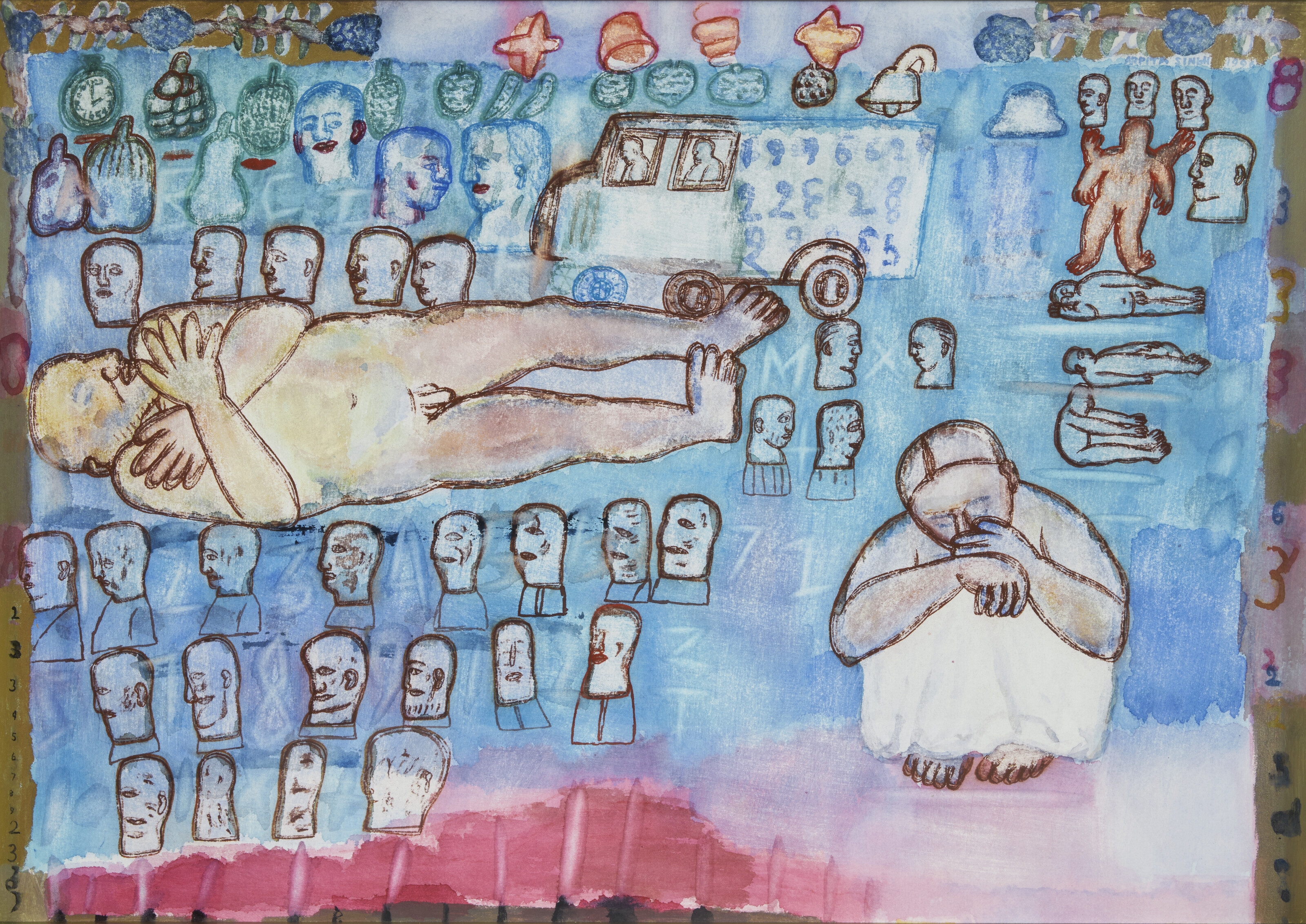 Artwork by Arpita Singh, Untitled (Funeral), Made of acrylic on paper laid on board