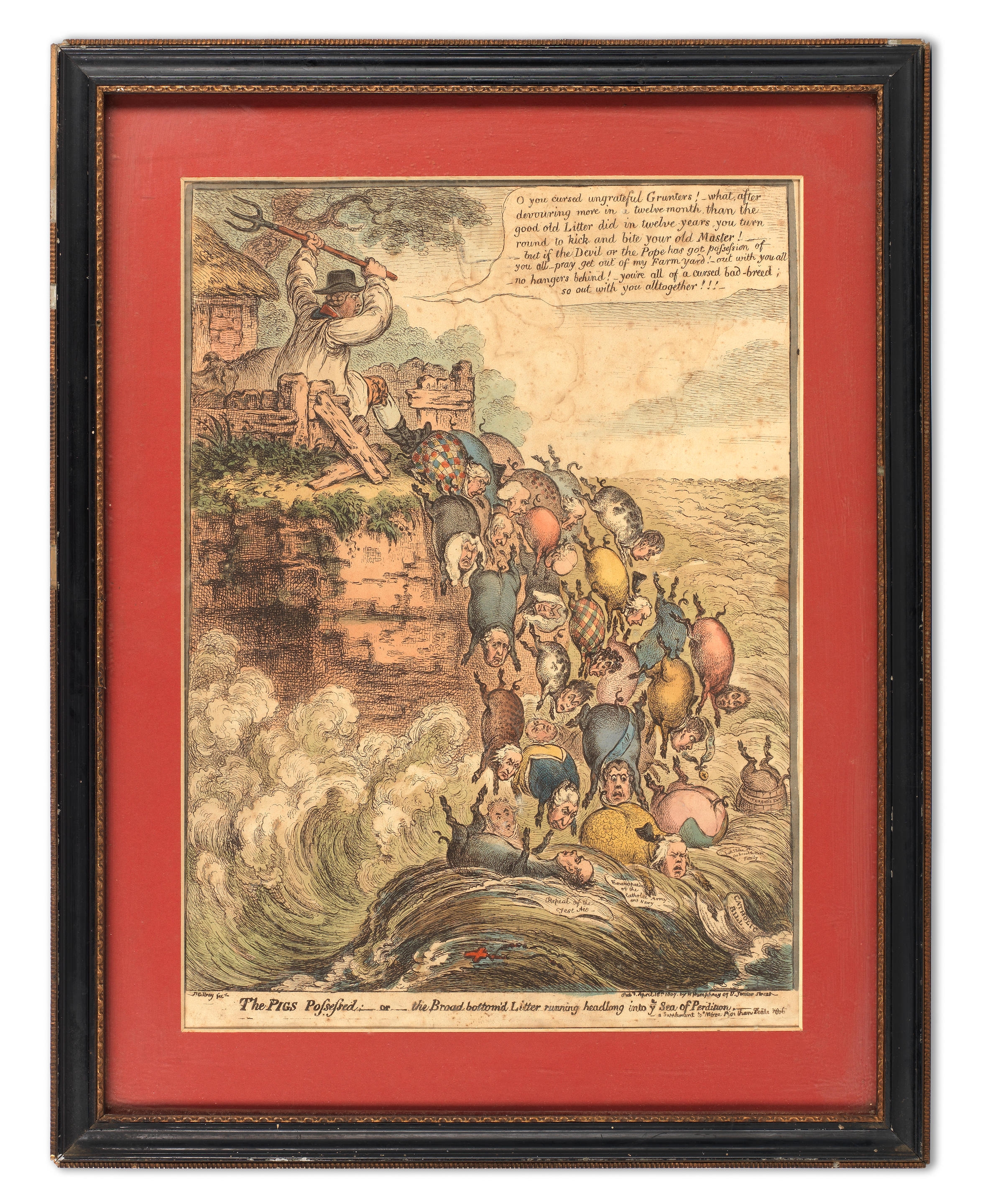 Artwork by James Gillray, The Pigs Possessed:–or–the Broad Bottom'd Litter Running Headlong into Ye Sea of Perdition, Made of Etching with hand colouring