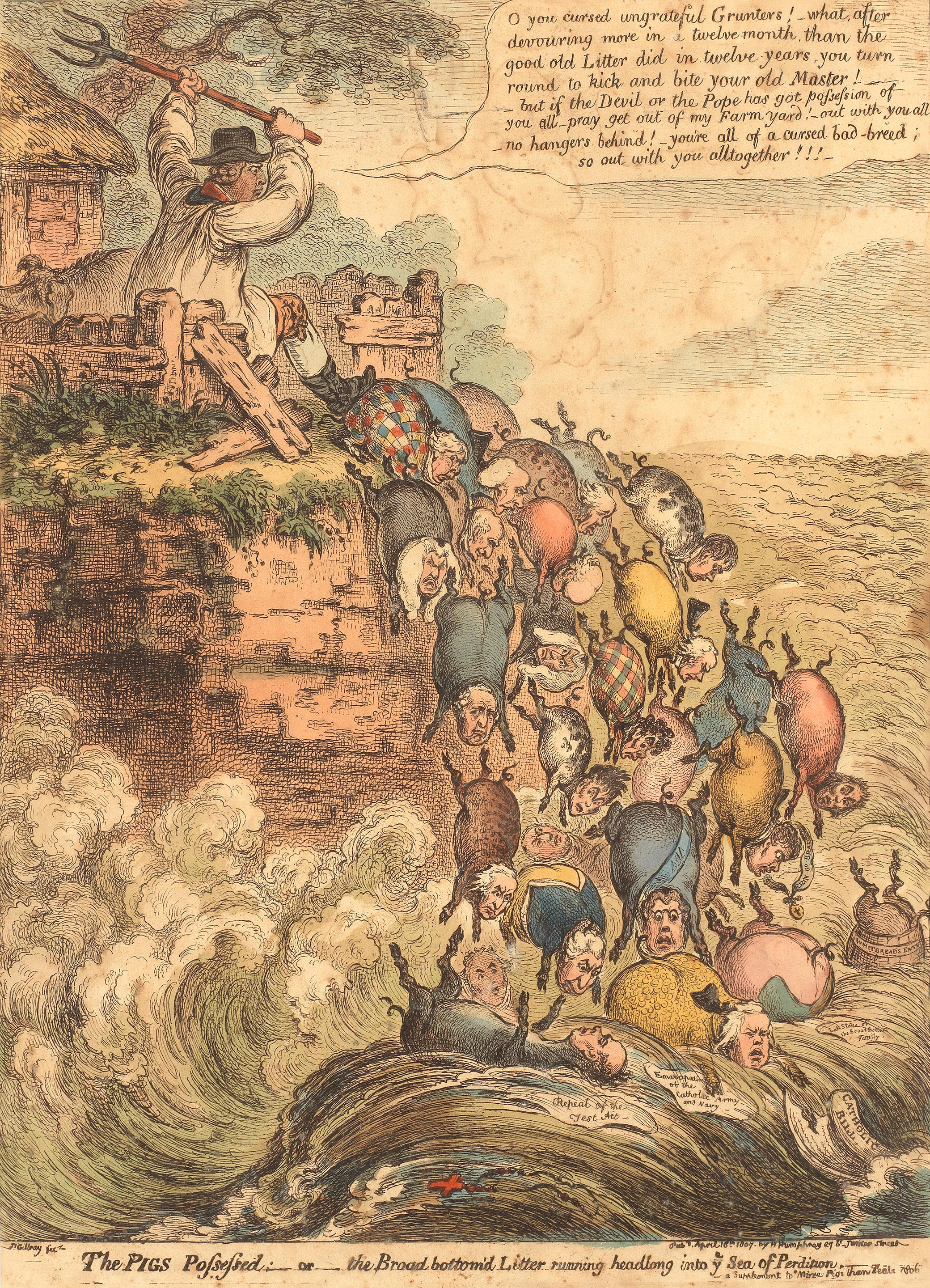 Artwork by James Gillray, The Pigs Possessed:–or–the Broad Bottom'd Litter Running Headlong into Ye Sea of Perdition, Made of Etching with hand colouring