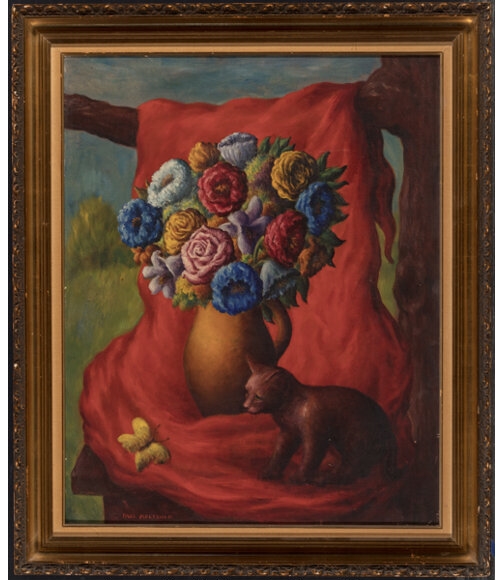 Artwork by Paul Raphael Meltsner, Still Life with Cat and Butterfly, Made of Oil on canvas