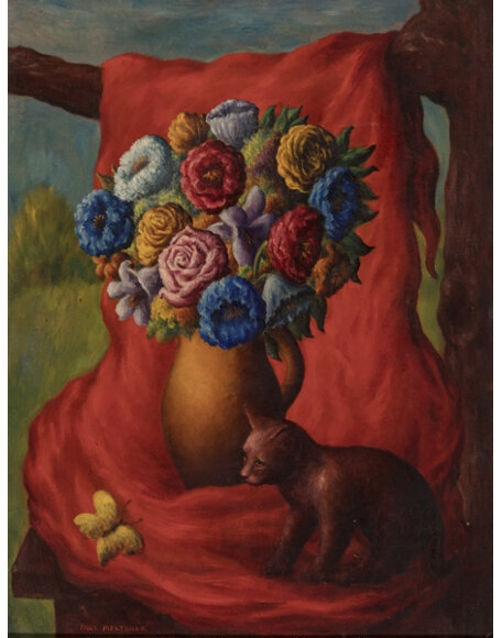 Artwork by Paul Raphael Meltsner, Still Life with Cat and Butterfly, Made of Oil on canvas