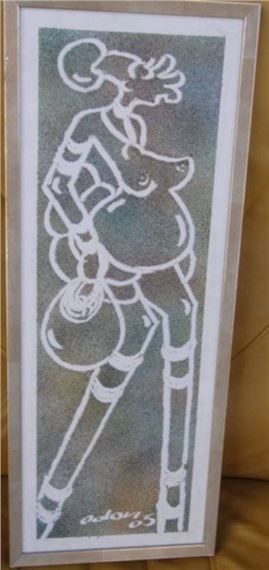 A stylized white line drawing of a figure in a dress against a textured green background.