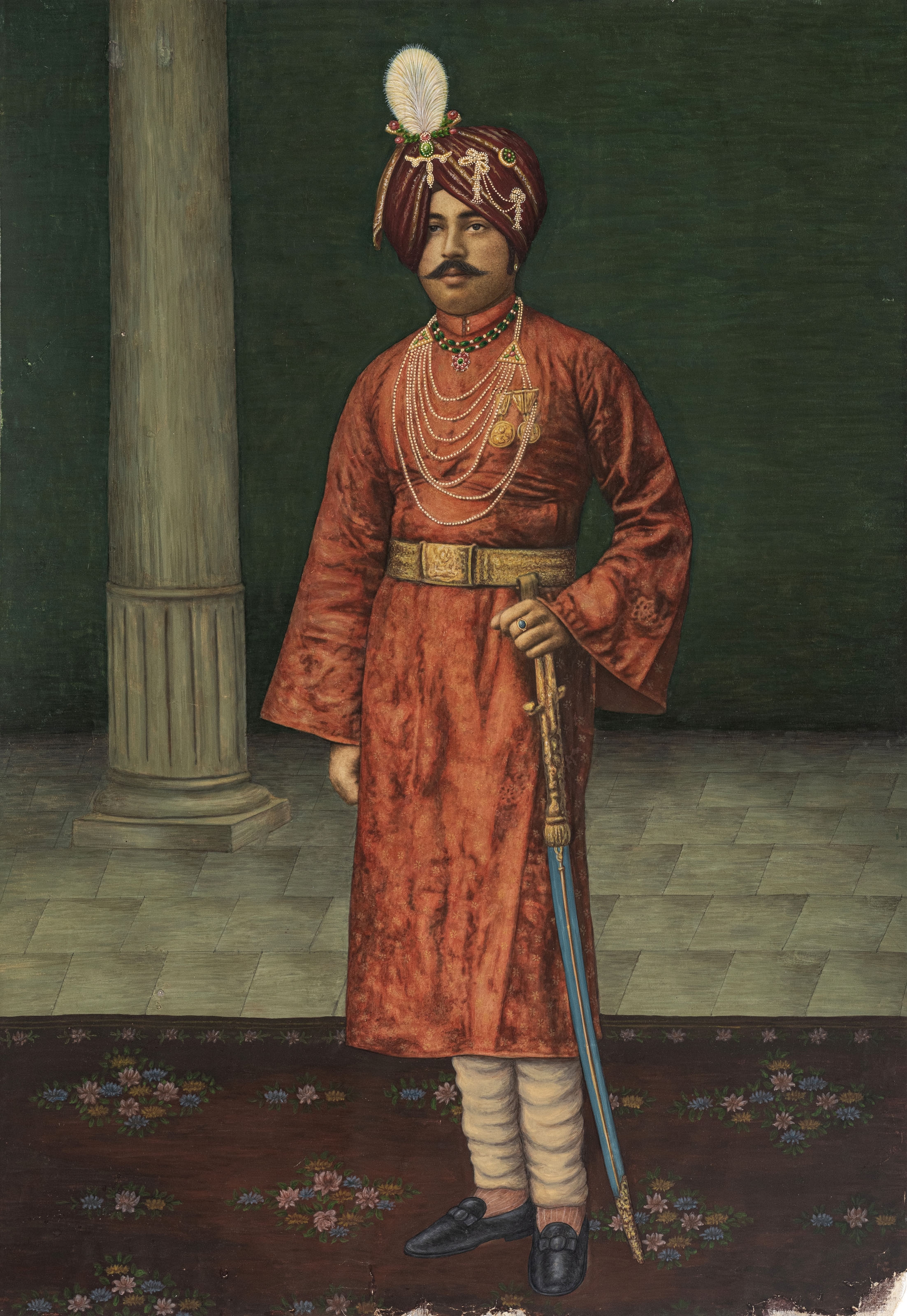 Artwork by Indian School, 20th Century, Portrait of the Maharaja of Devagh Baria, Made of hand-coloured and hand-painted print