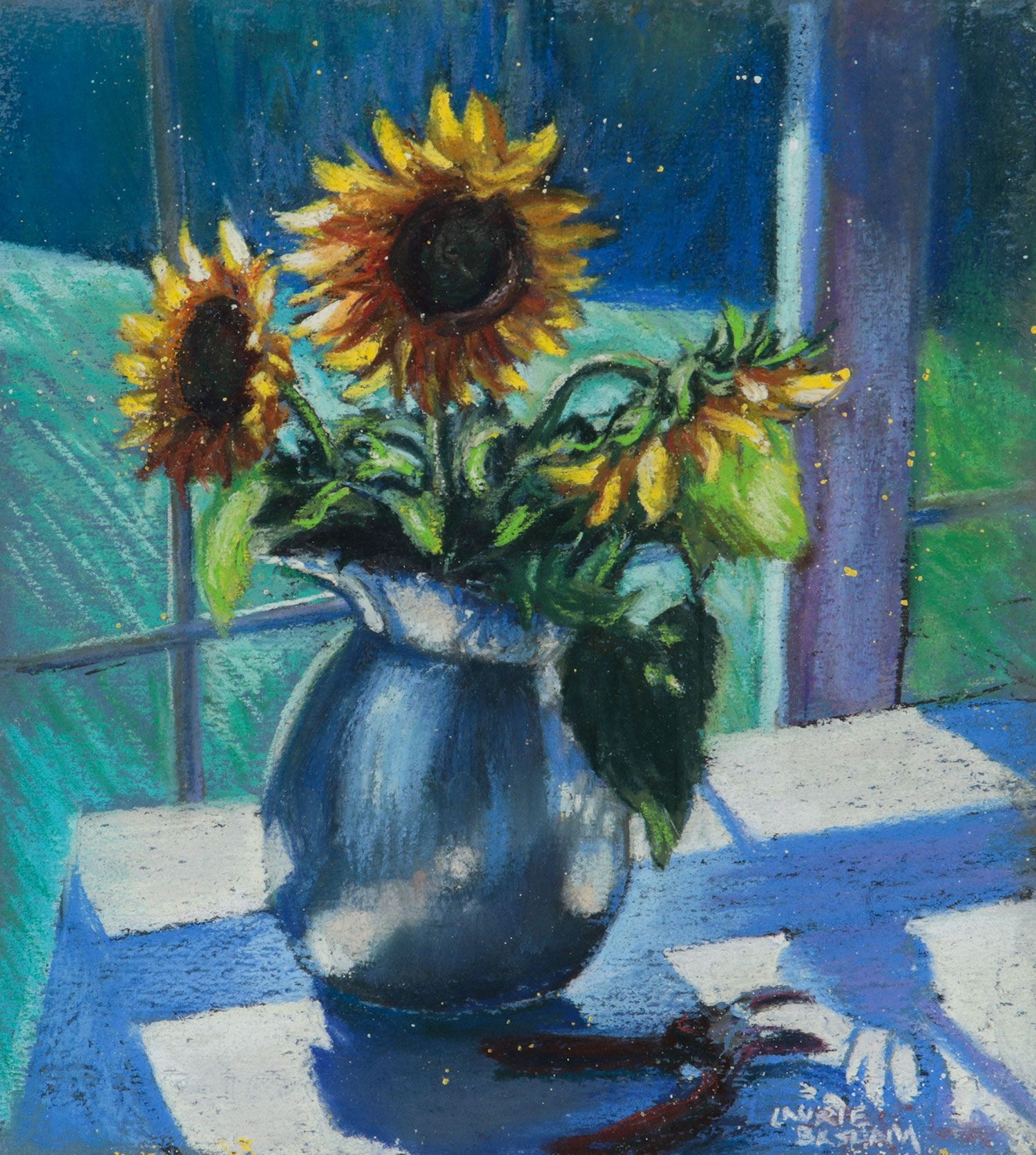 Artwork by Laurie Basham, CUT SUNFLOWERS, Made of PASTEL ON PAPER