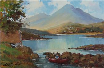 A serene landscape painting featuring a red boat on calm water with mountains in the background.