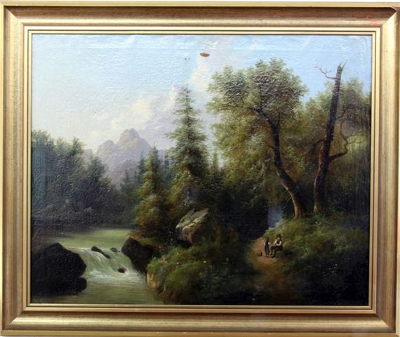 Romantic river landscape with restingwalkers by L. Boehm, 19th century