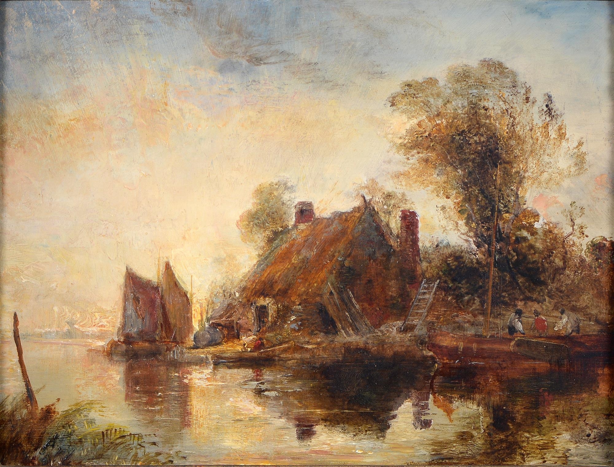 English School, 19th Century | River Scene with Thatched Cottage ...
