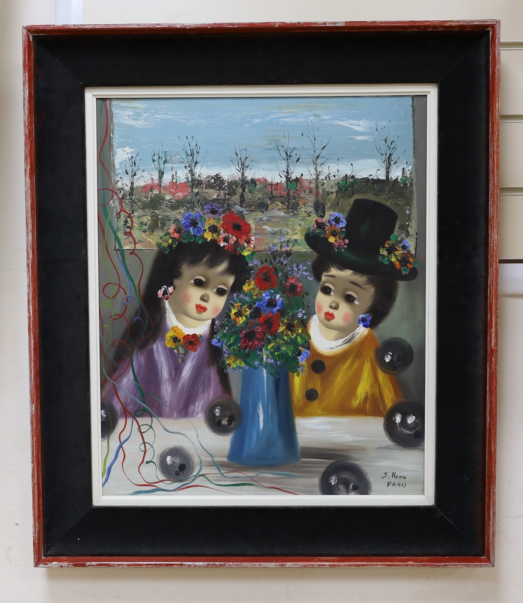 S. Reno | Children beside a vase of flowers | MutualArt