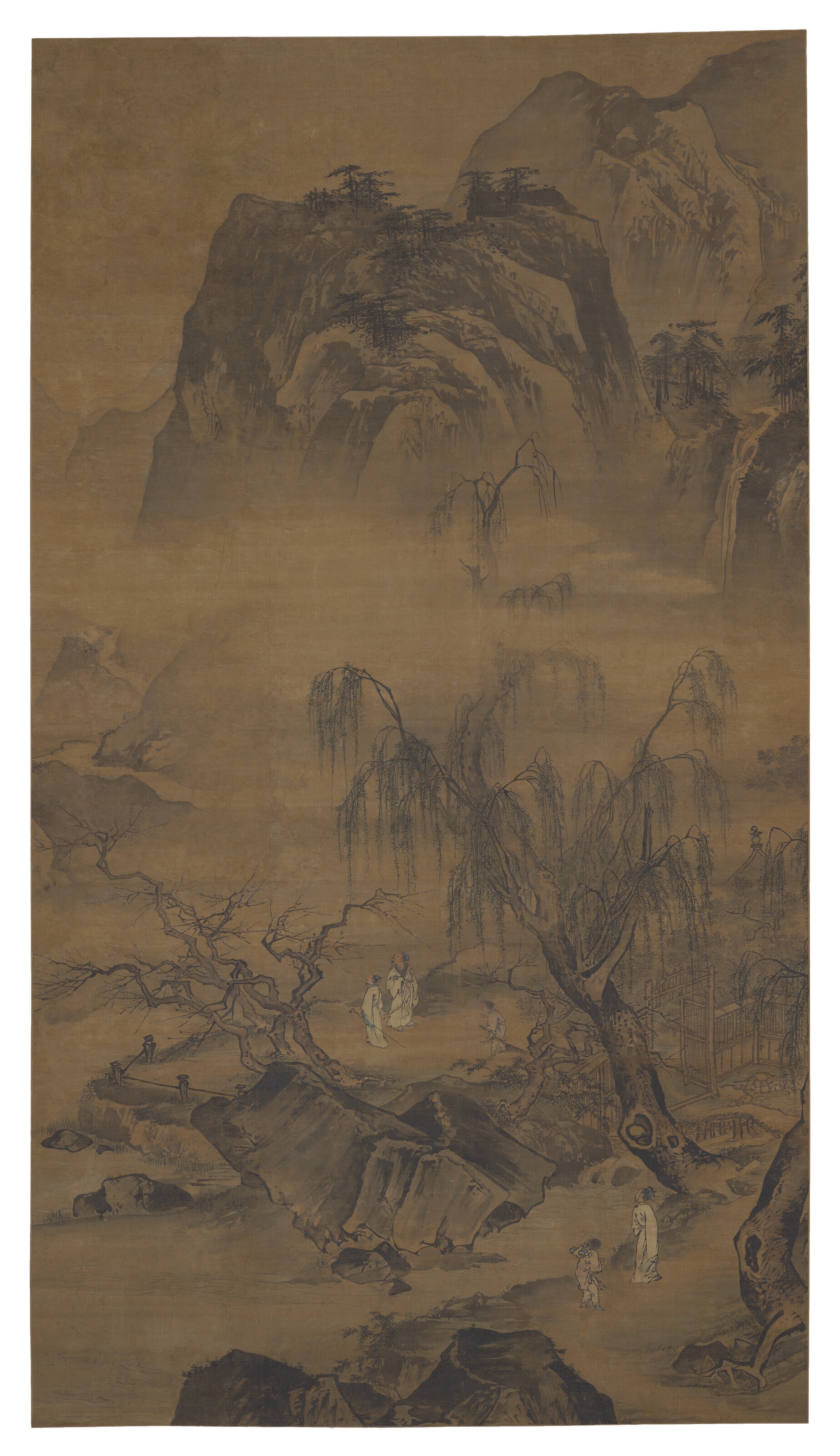 Artwork by Wang Shichang, Wanderers in Spring Hills, Made of Hanging scroll, ink and color on silk