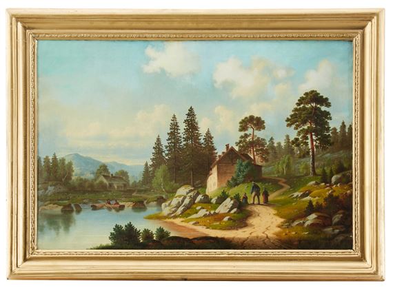 Insjölandskap med figurer. by Swedish School, 19th Century