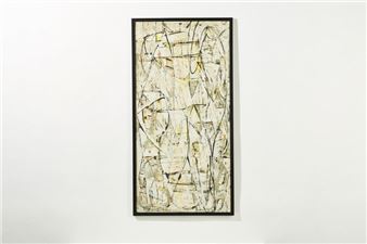 A vertical abstract painting featuring a chaotic web of black lines over a textured, pale background.