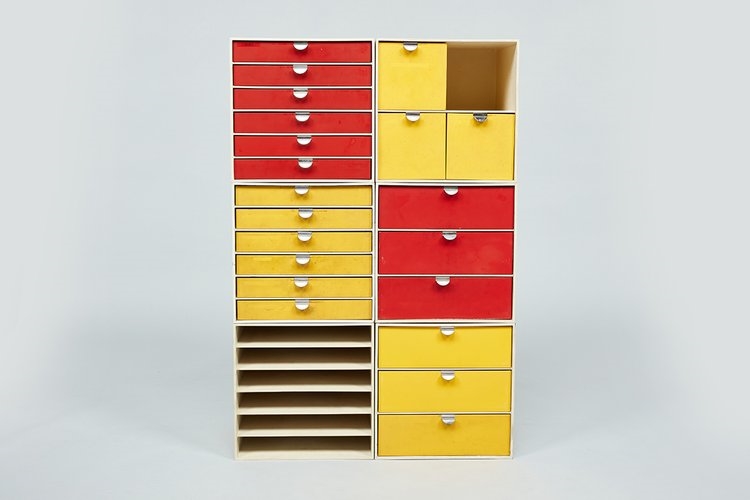 Artwork by Ristomatti Ratia, Set of six modular 'Palaset' storage cubes, Made of Painted plastic, chrome