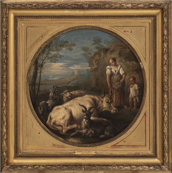 Paysanne, enfant et troupeau dans un paysage côtier by Johan Heinrich Roos
