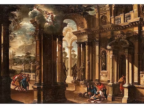 Artwork by Pietro Gaspari, Architekturcapriccio mit der versuchten Ermordung eines Cäsaren, Made of Oil on canvas