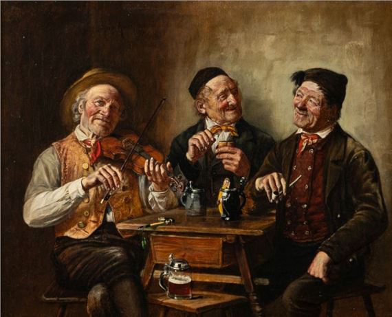 Drei fröhliche Männer in einer Gaststube by Max Kaufmann, 1888