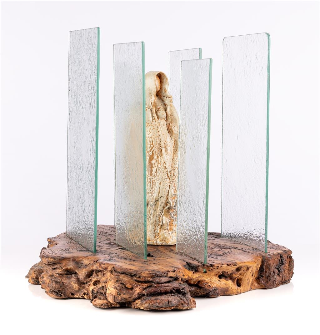 Artwork by Diane Mahoney, Cloaked Figure, Made of glazed ceramic sculpture, glass panels on timber base