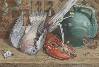 Still life of a dead pigeon, lobster and vase - T.W. Headlam