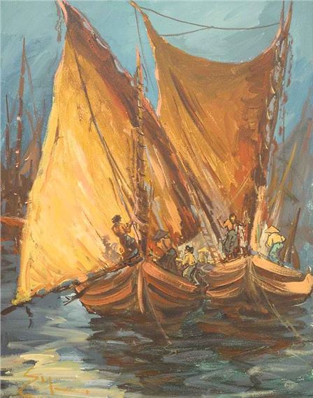 A vibrant oil painting of two traditional fishing boats with large sails gliding across a shimmering water surface.