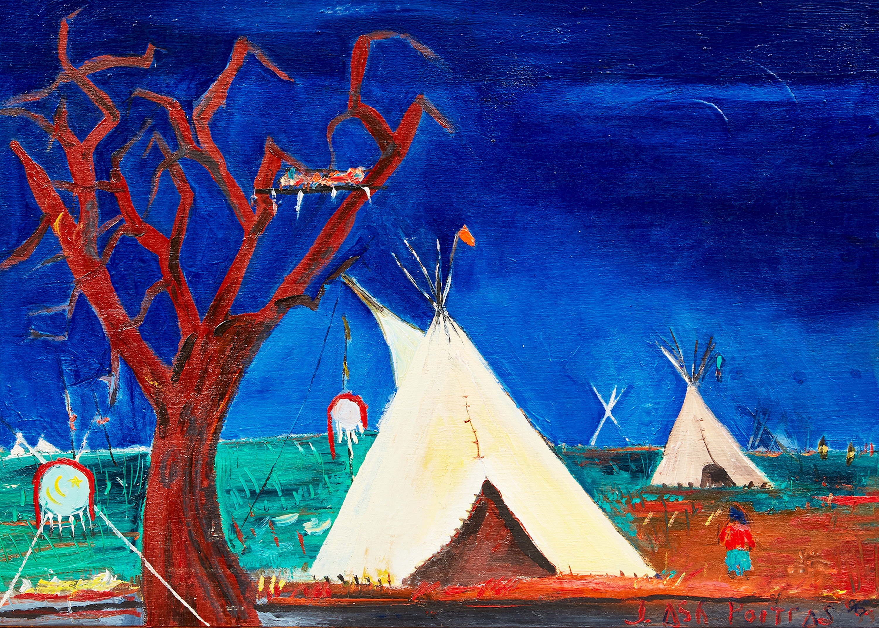 Artwork by Jane Ash Poitras, Teepees and Tree, Made of acrylic on board