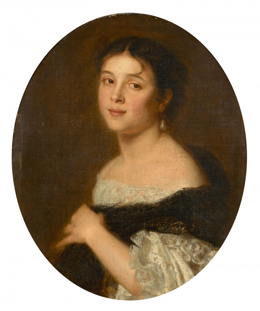 Portrait d'une dame de qualité à la perle et au châle de dentelle noir
