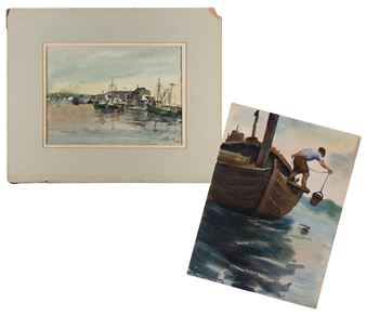 A watercolor scene of a harbor with boats and a figure on a boat.