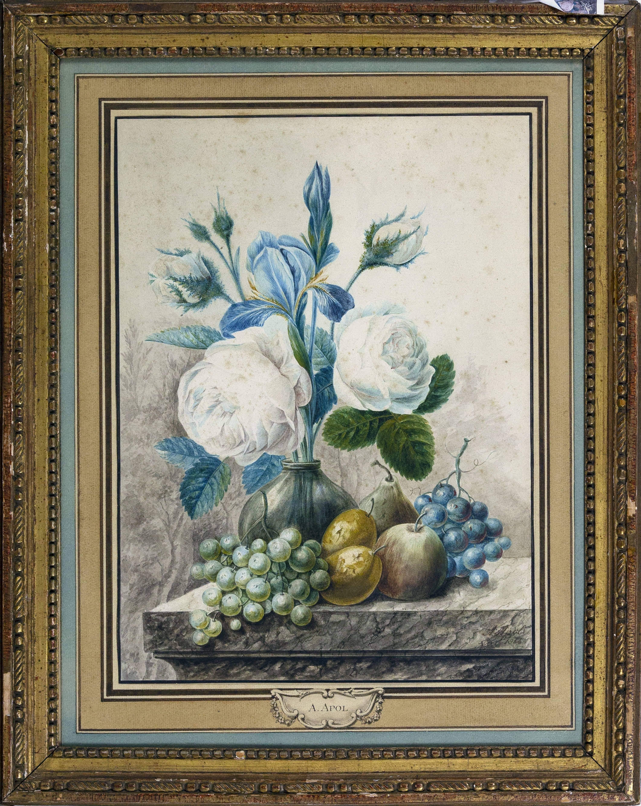 Artwork by Adrianus Apol, Still Life with Flowers and Fruit, Made of watercolor on paper