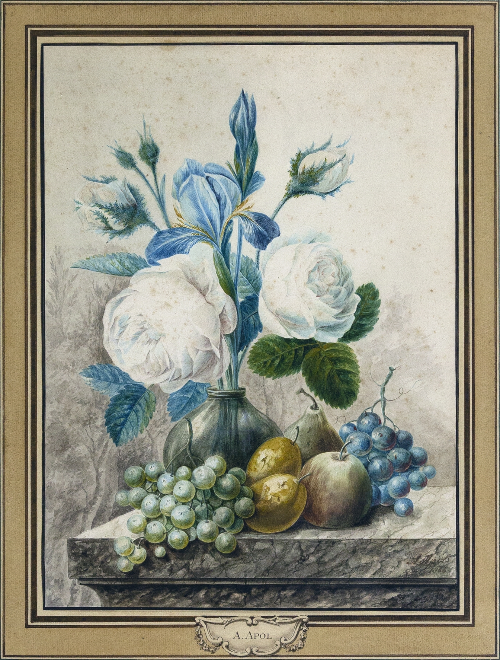 Artwork by Adrianus Apol, Still Life with Flowers and Fruit, Made of watercolor on paper