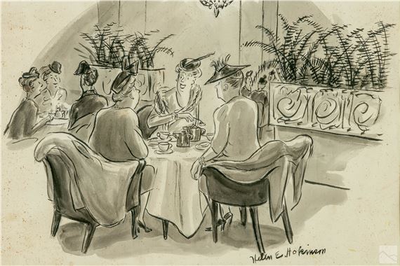 Figural World War II Era cartoon illustration with female figures in a cafe setting - Helen Hosking