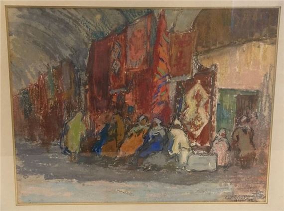 Assembly of men in the carpet souk, Tunis by René Pinard, 1933