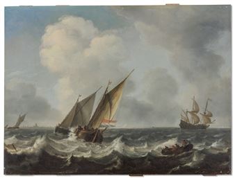 Two 'smalschips' and a rowing boat on choppy waters, a man-of-war and another sailing vessels beyond, a town on the horizon - Arnoldus van Anthonissen