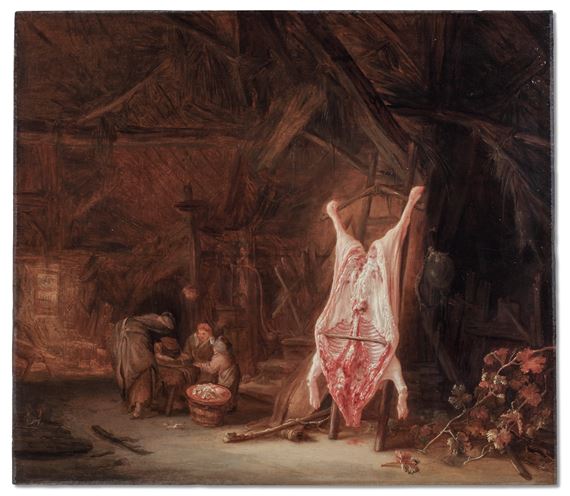 A barn interior with a slaughtered pig, a woman preparing meat and two children beyond by Isack van Ostade, 1641
