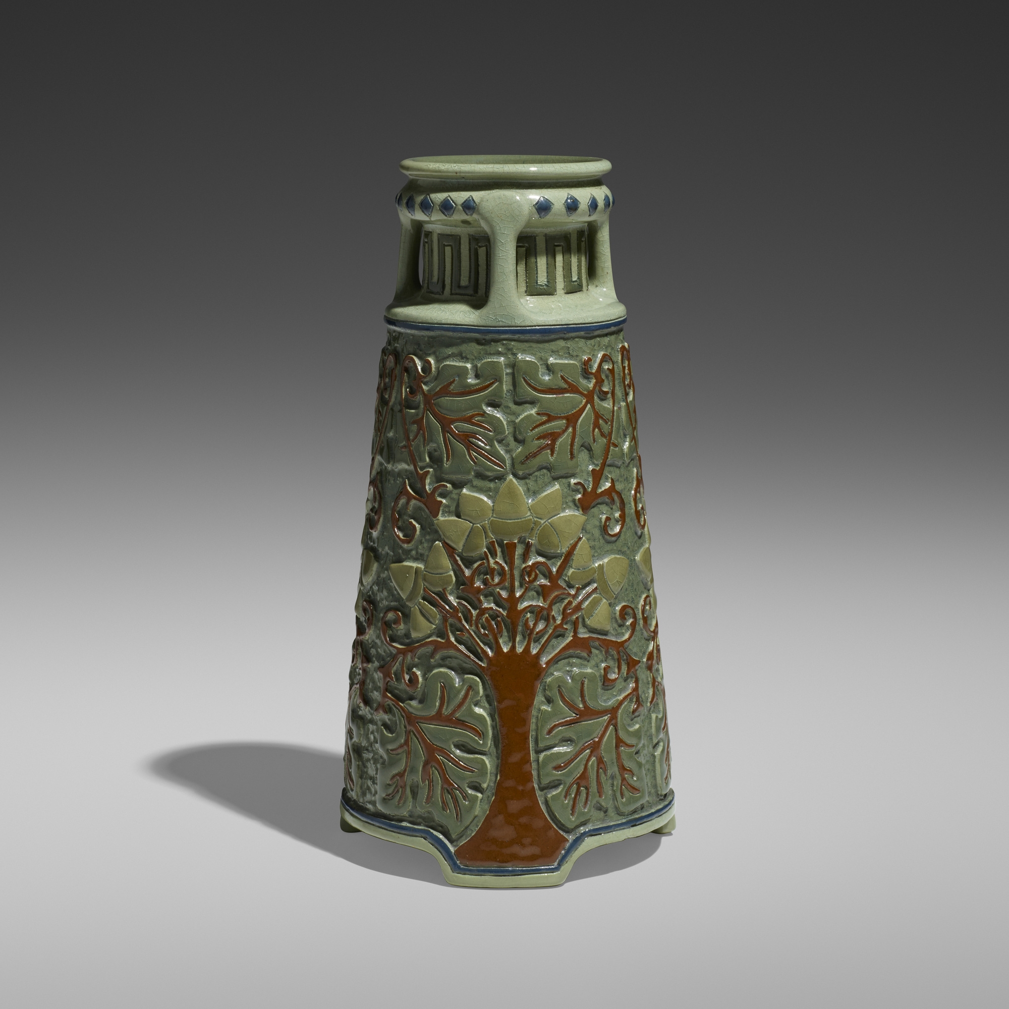 Frederick Hurten Rhead | Della Robbia vase with stylized oak trees ...