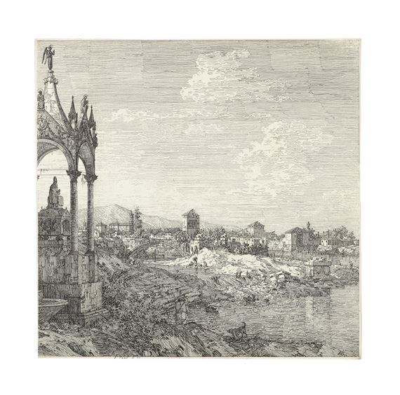 View of a town with the tomb of a bishop by Canaletto, 1697