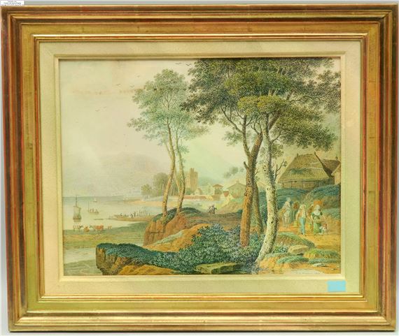Belebte Küstenlandschaft mit Fischerdorf. - Philip-Heinrich Dunker