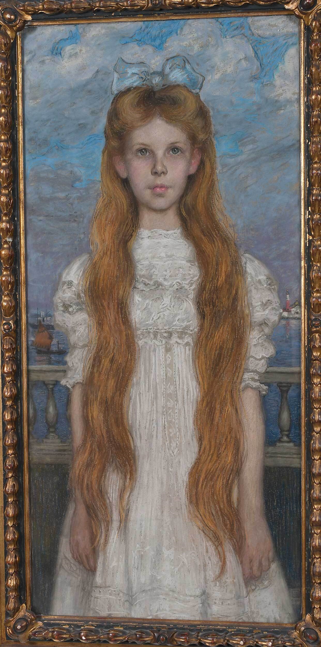 Artwork by John Herman Recknagel, Pre-Raphaelite Portrait  of a Young Girl with Red Hair, Made of pastel on paper