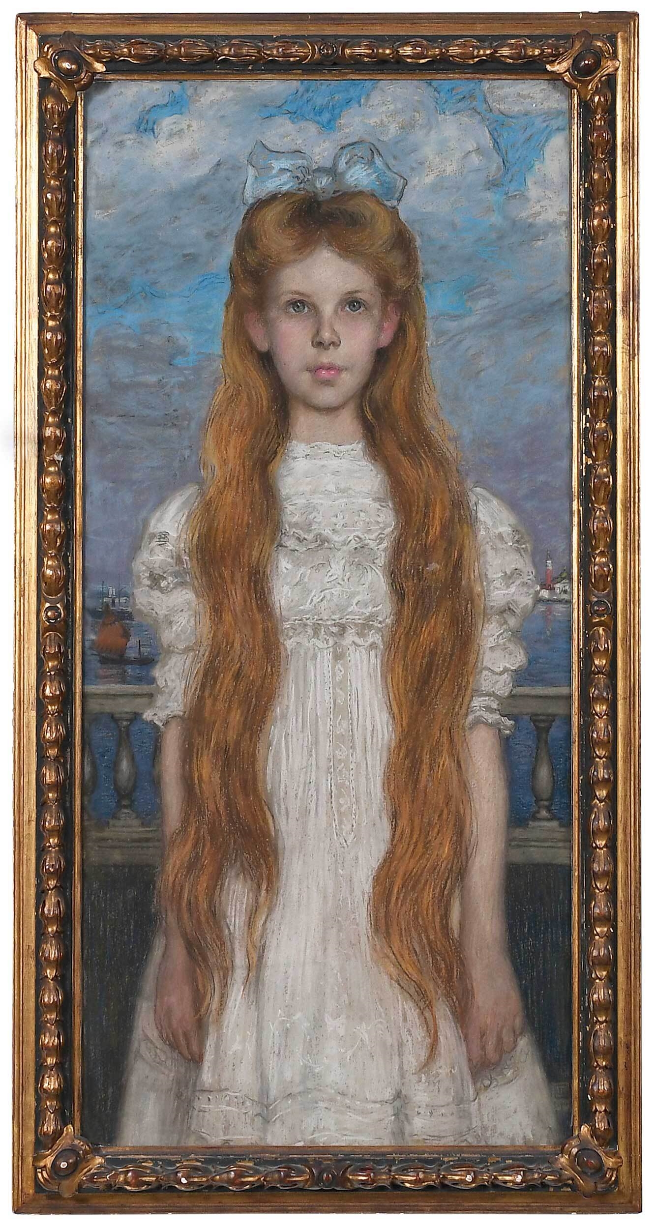 Artwork by John Herman Recknagel, Pre-Raphaelite Portrait  of a Young Girl with Red Hair, Made of pastel on paper