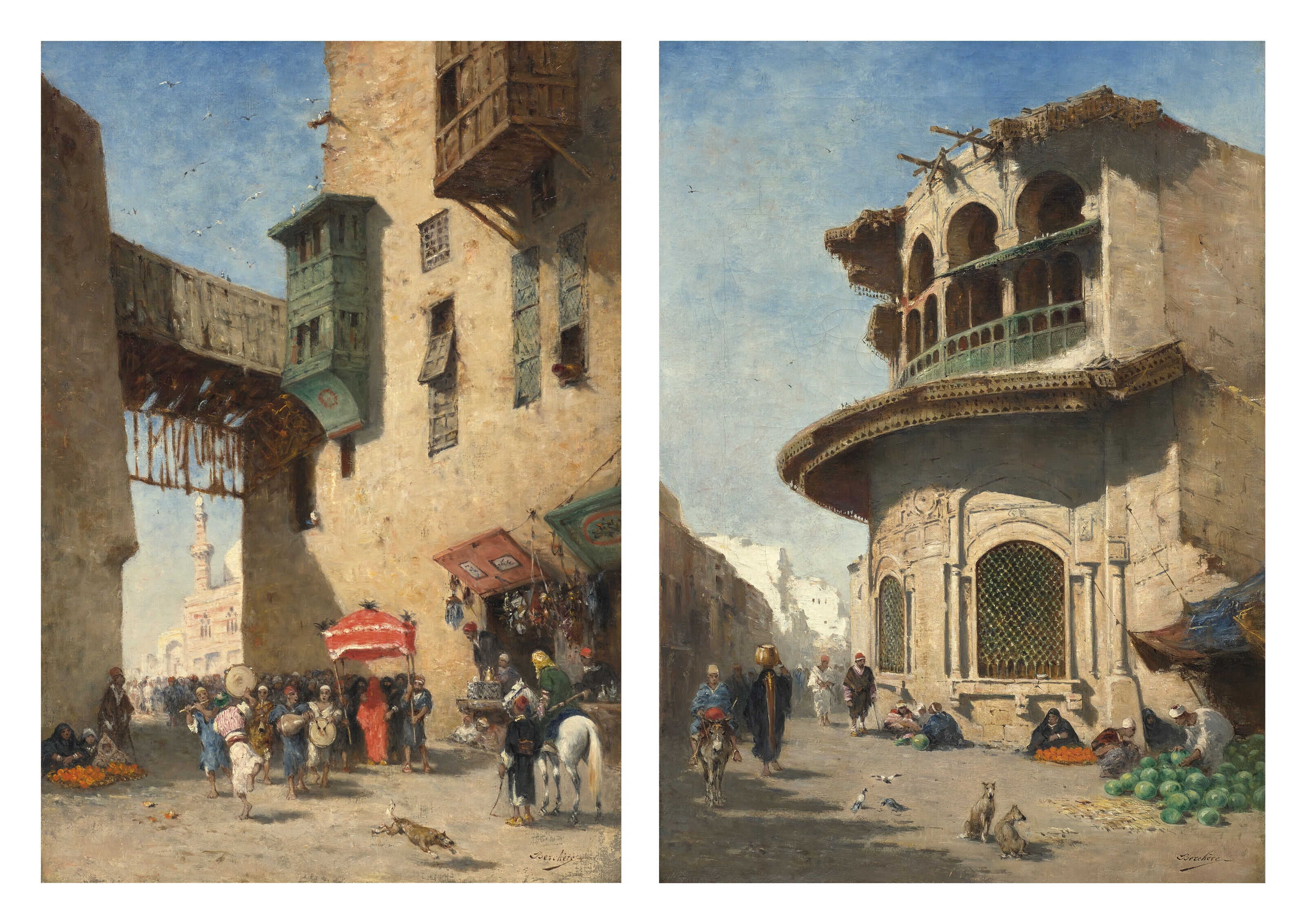 Artwork by Narcisse Berchère, Cortège d'un mariage au Caire ; Vieille fontaine au Caire, Made of OIL ON CANVAS