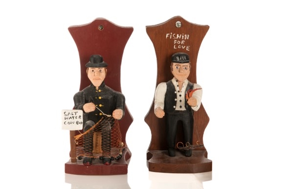 Artwork by Dominic J. Emberley, Two Nova Scotian Fisherman wall fixtures, Made of wood