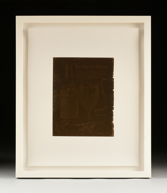 Artwork by Adam Gondek, Pink Ad; Gold Ad, Made of enamel on magazine paper mounted on paper