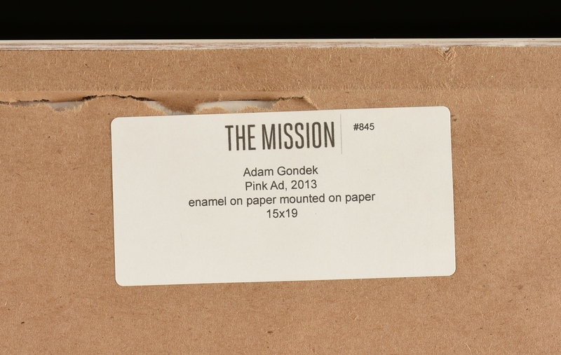 Artwork by Adam Gondek, Pink Ad; Gold Ad, Made of enamel on magazine paper mounted on paper