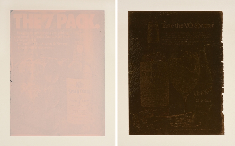 Artwork by Adam Gondek, Pink Ad; Gold Ad, Made of enamel on magazine paper mounted on paper