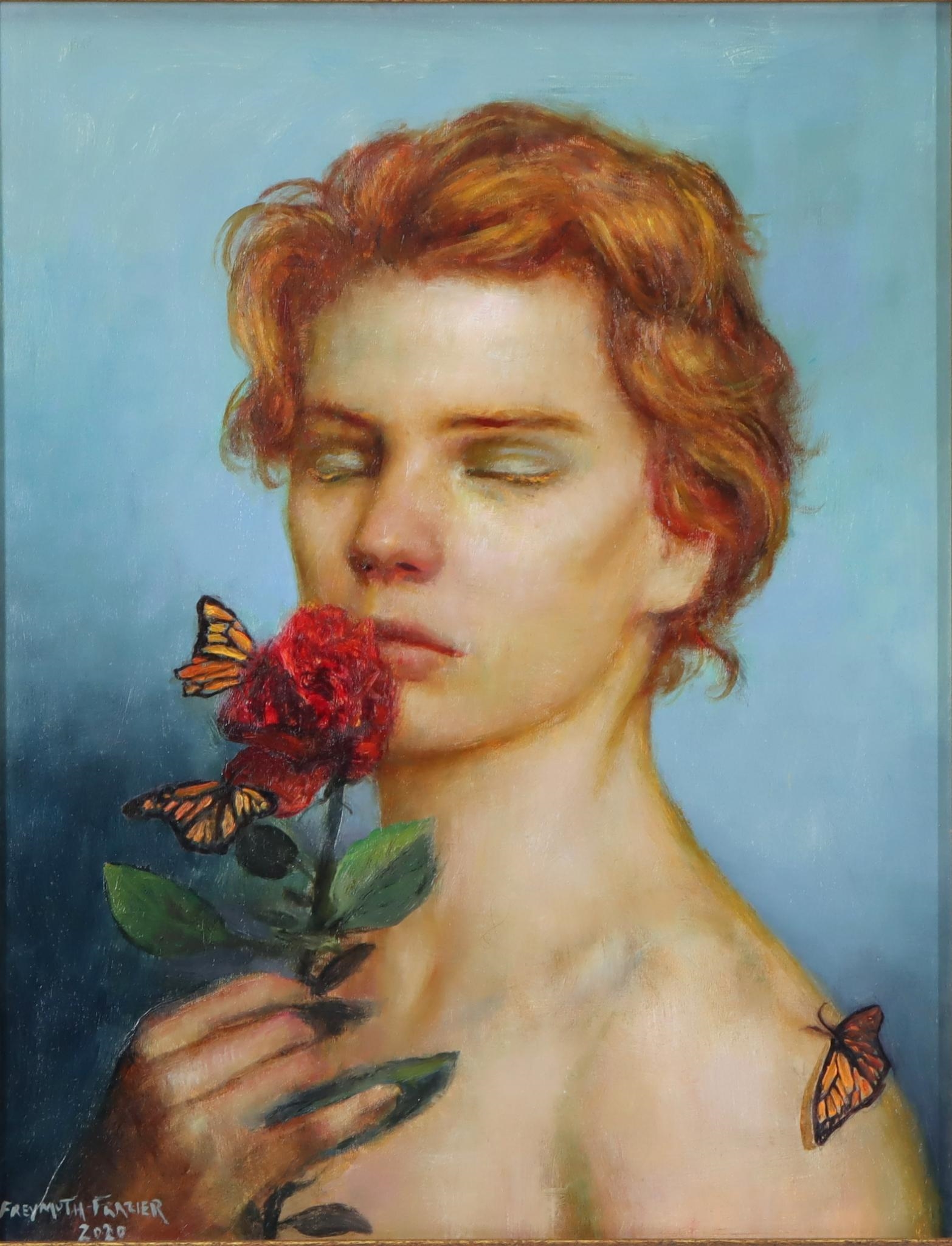 Artwork by Rose Freymuth-Frazier, Bust portrait of young woman enjoying a rose, Made of Oil on board