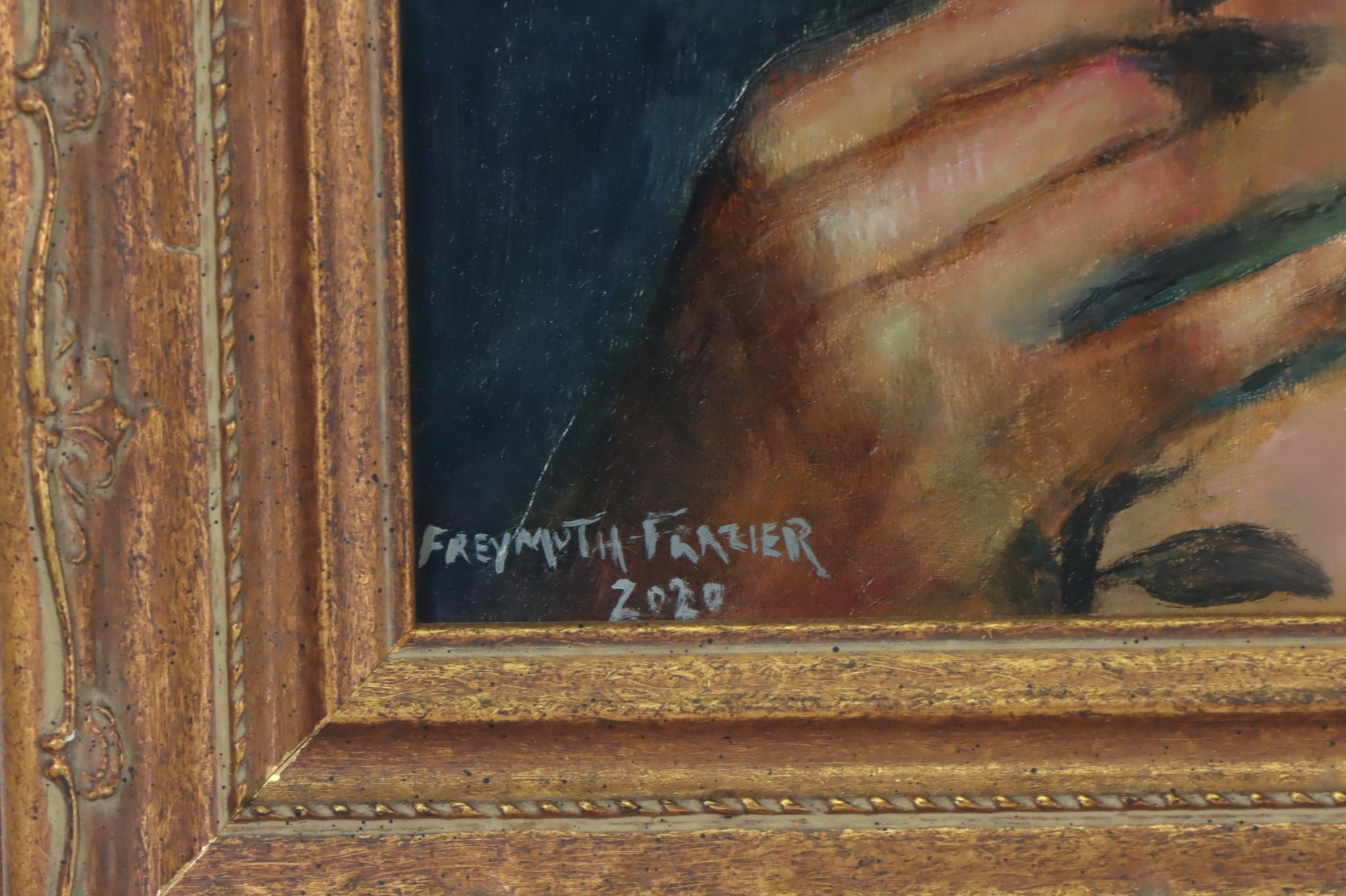 Artwork by Rose Freymuth-Frazier, Bust portrait of young woman enjoying a rose, Made of Oil on board