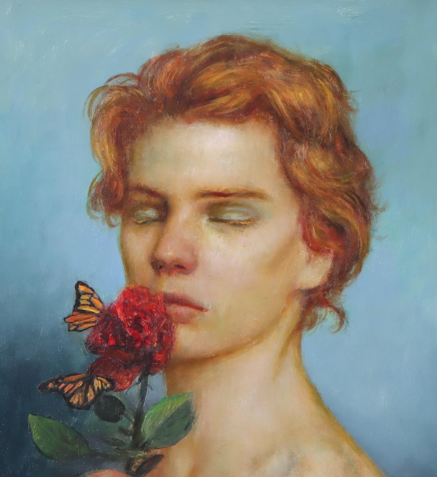Artwork by Rose Freymuth-Frazier, Bust portrait of young woman enjoying a rose, Made of Oil on board