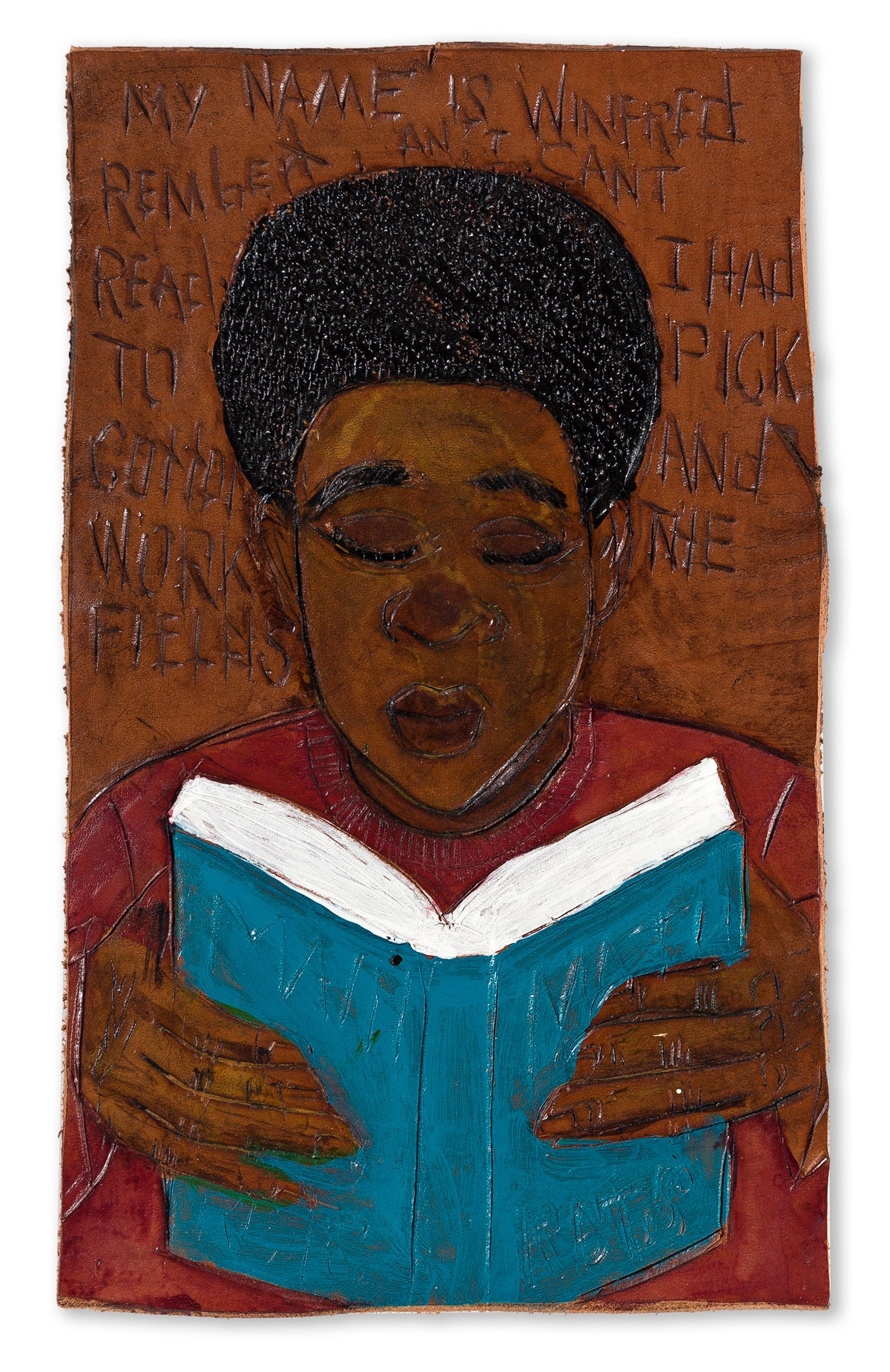 Artwork by Winfred Rembert, The Book That Couldn't Be Read., Made of Dye on carved and tooled leather