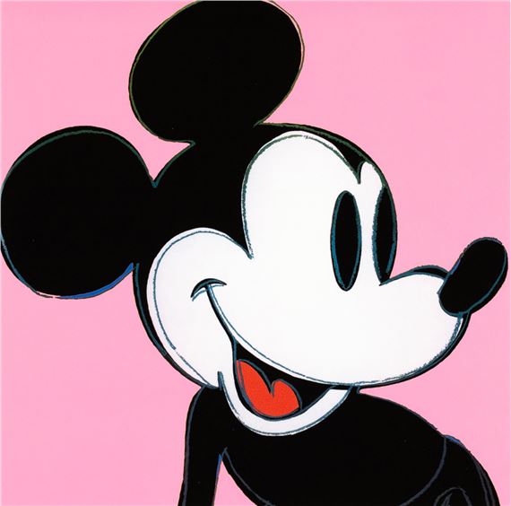 A painting of a smiling mickey mouse on a pink background.